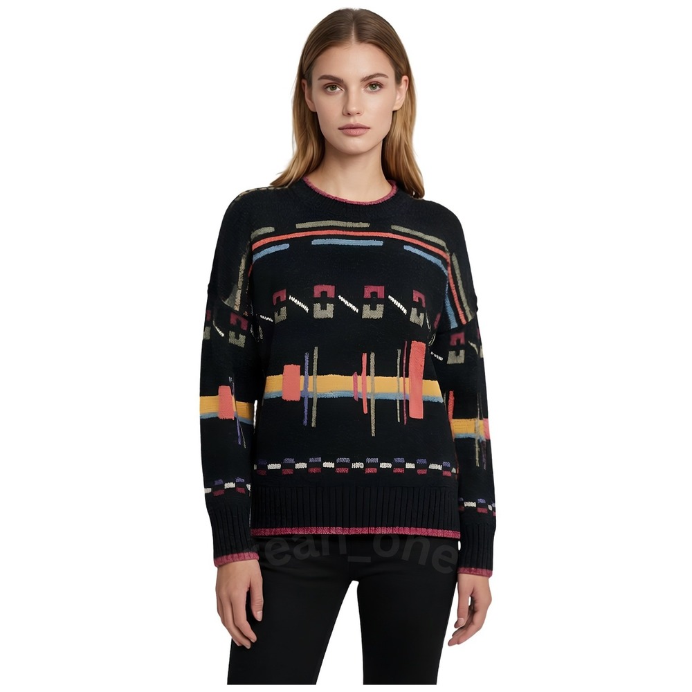 A.J. Tremont Unisex Vintage Silk Cotton Pullover Knit Sweater Black/Multi Large - Picture 1 of 8